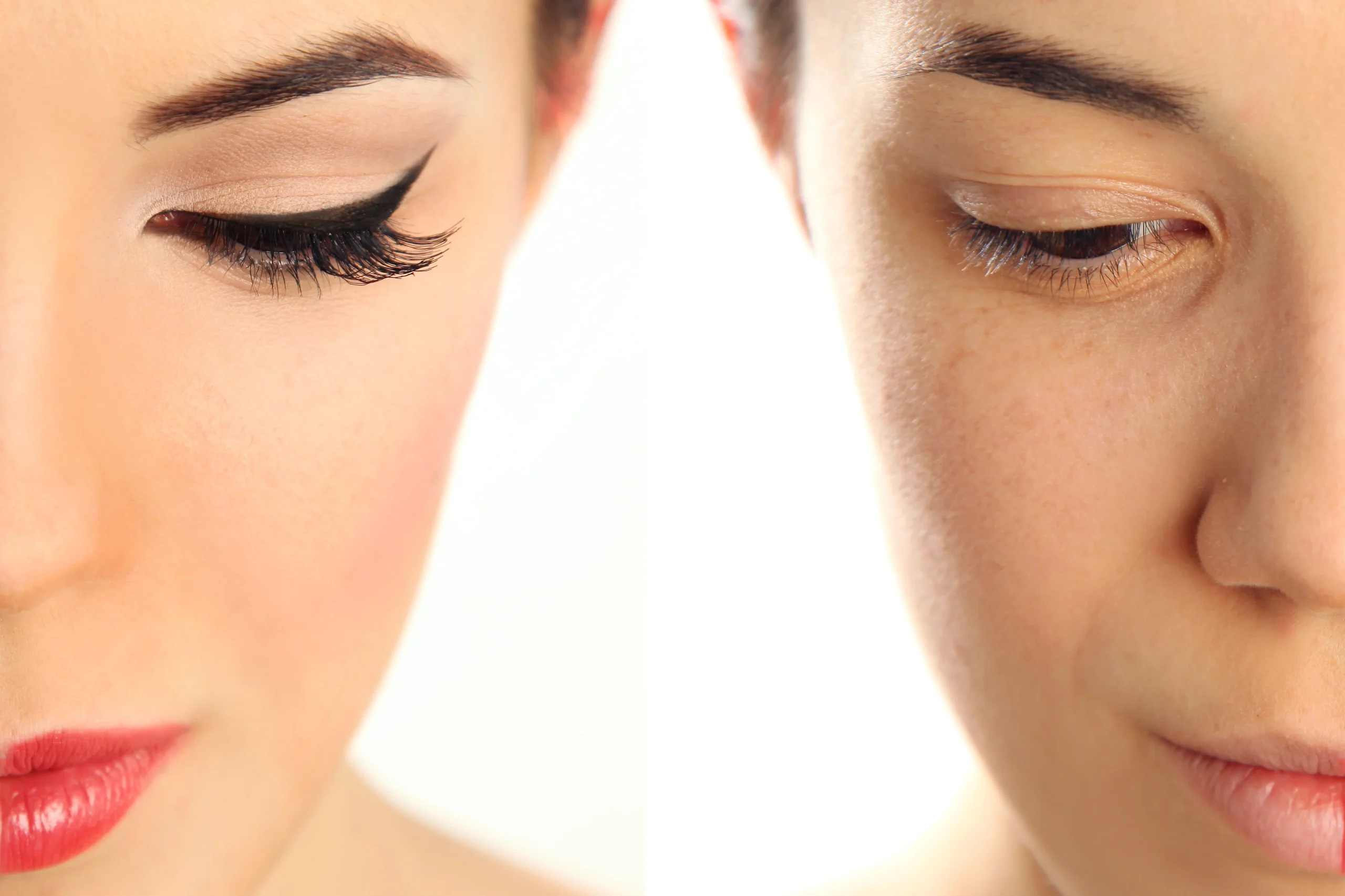 False eyelashes applied after completing eye makeup for a dramatic final look.