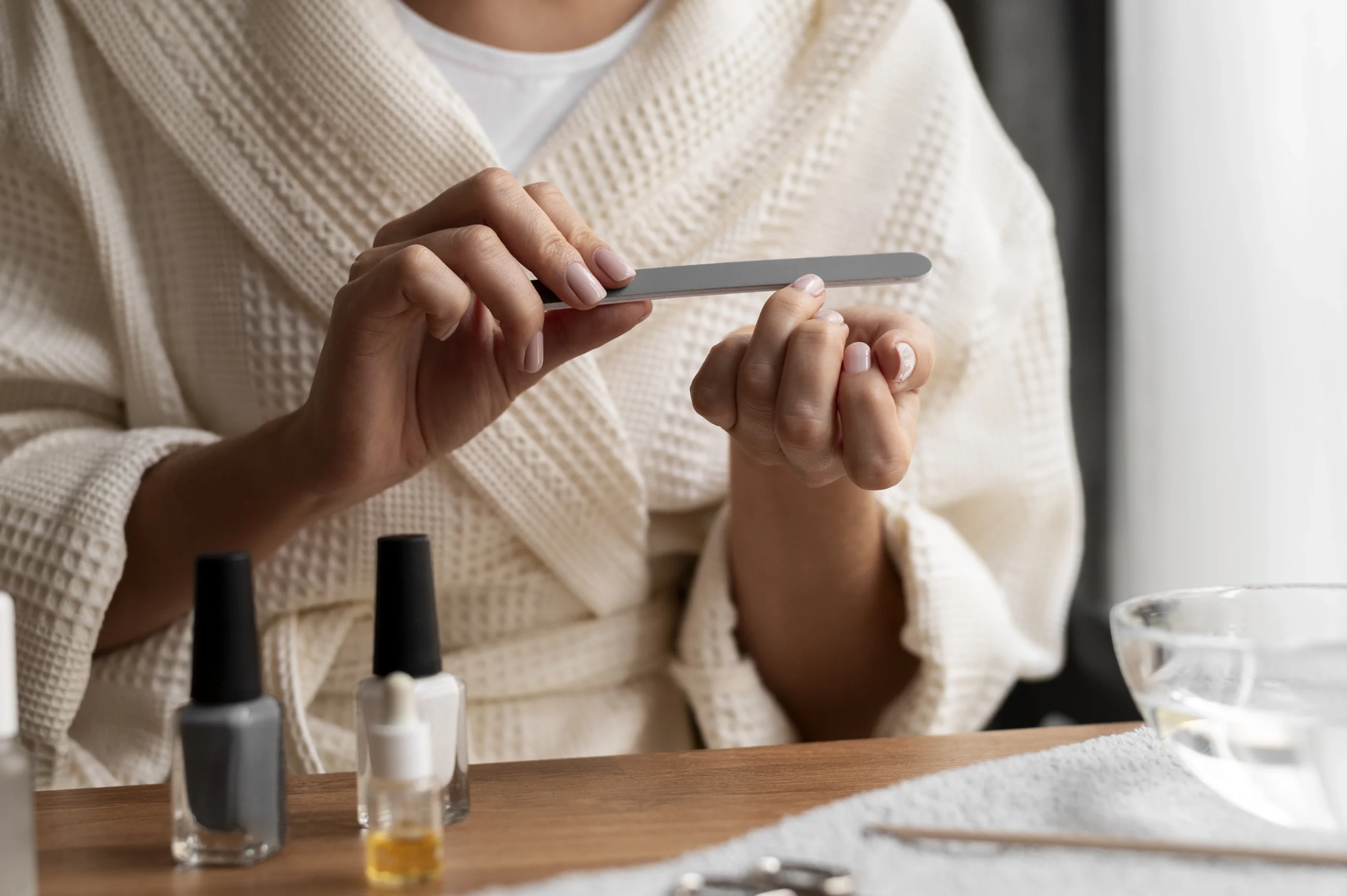 Nail file shaping natural nails into a smooth oval shape.