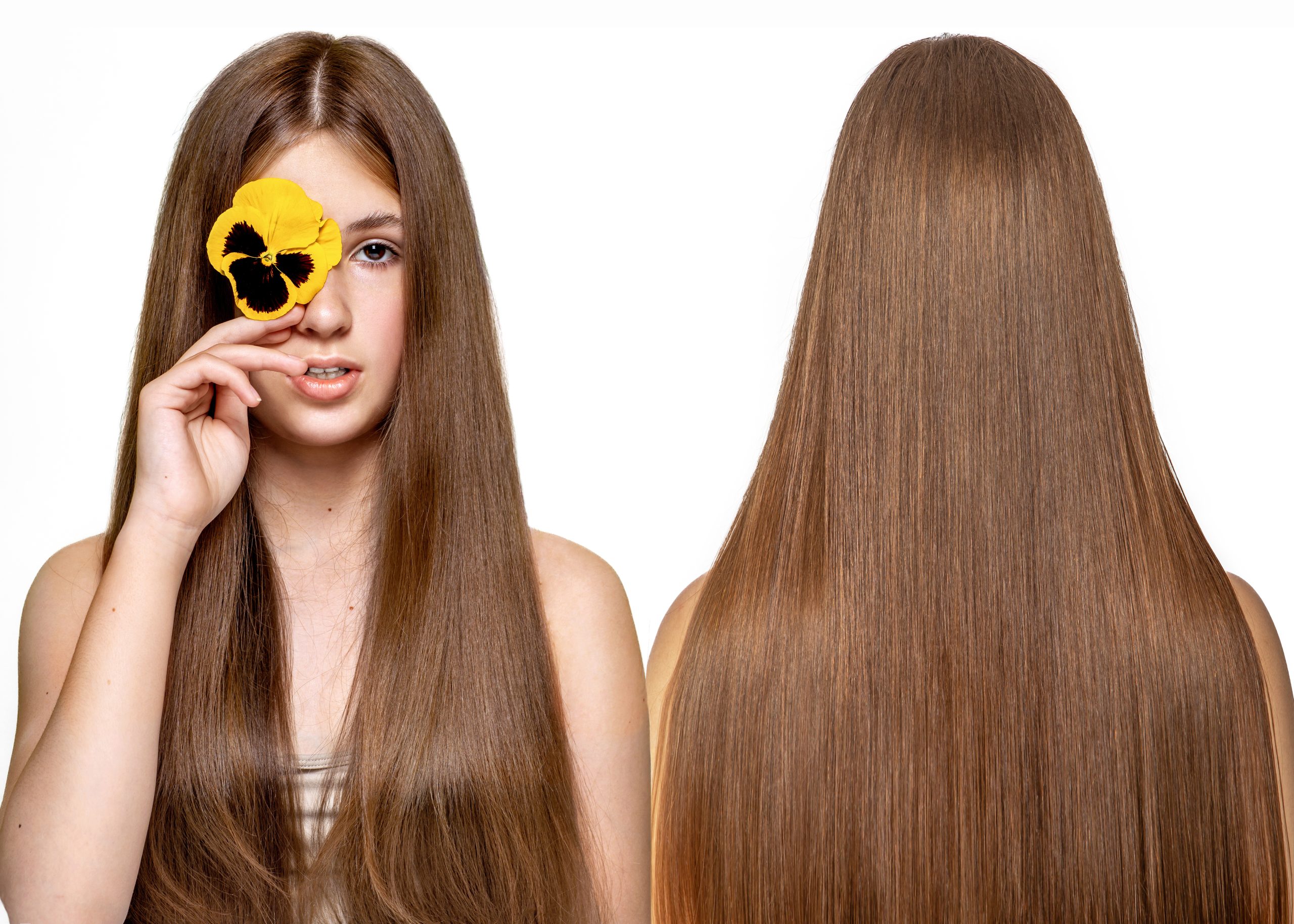 Straight hair with smooth, shiny, glass-like finish.