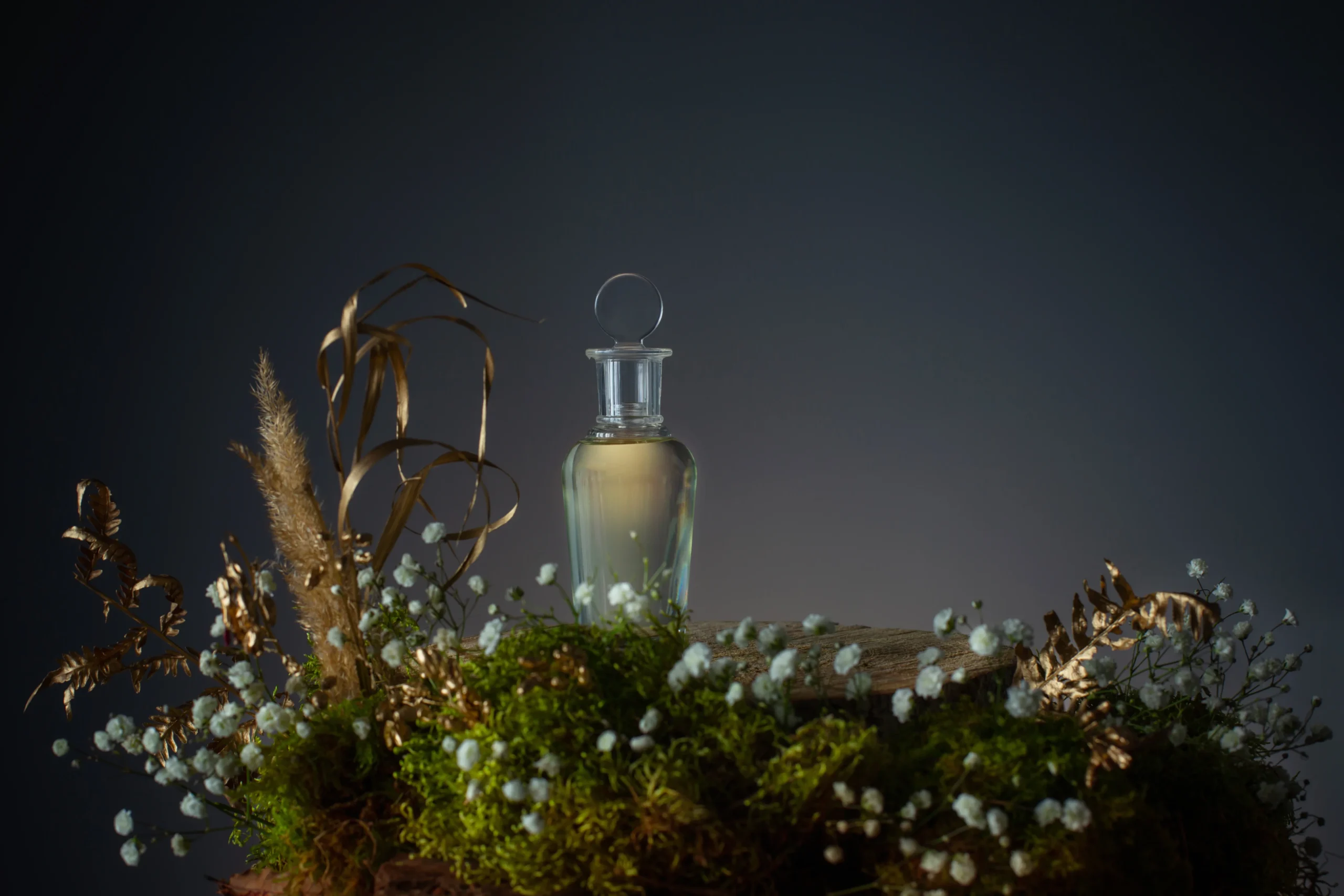 Affordable yet luxurious fougere fragrances lined up on a marble counter