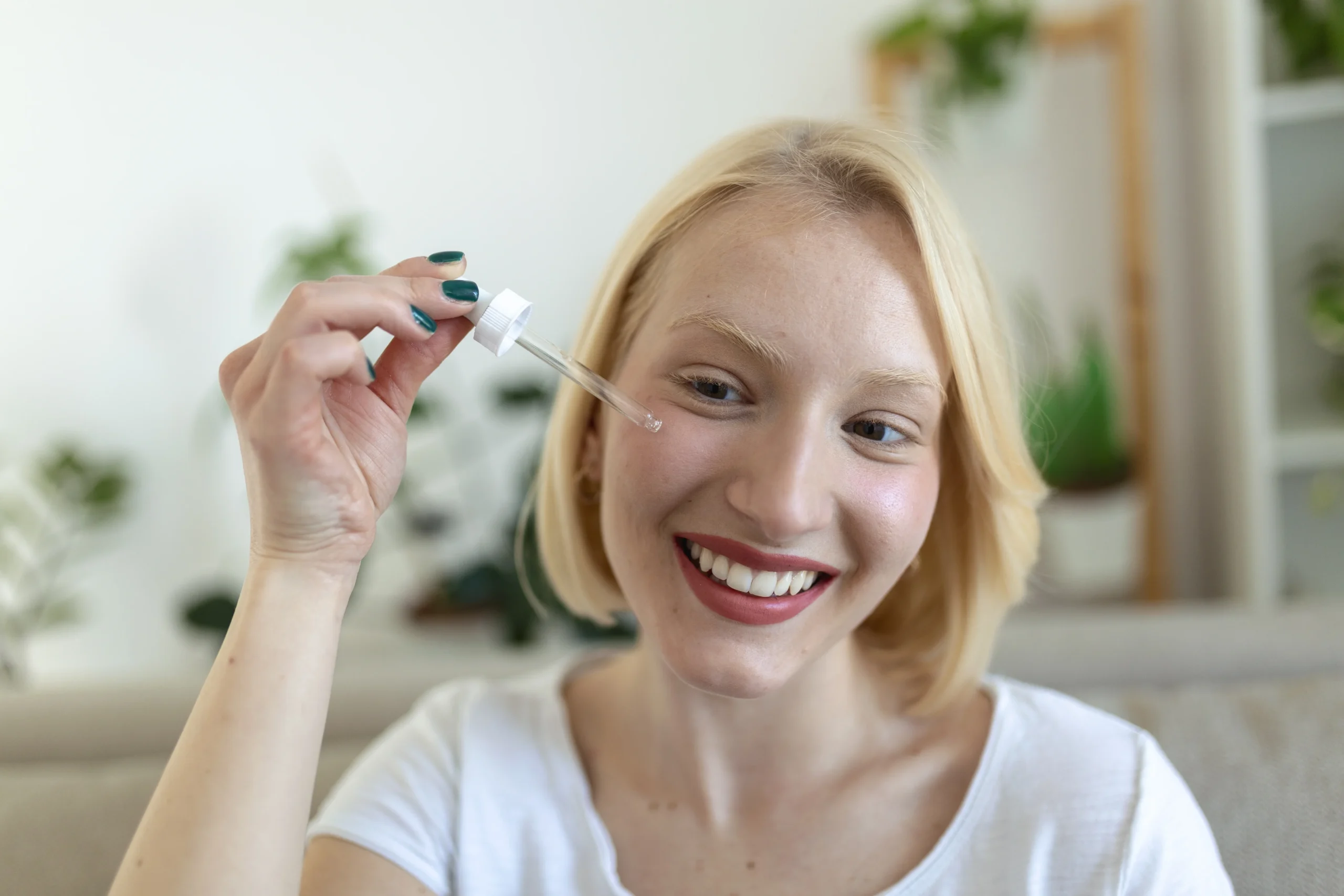 Close-up of a peptide serum bottle with anti-aging benefits for smooth skin.