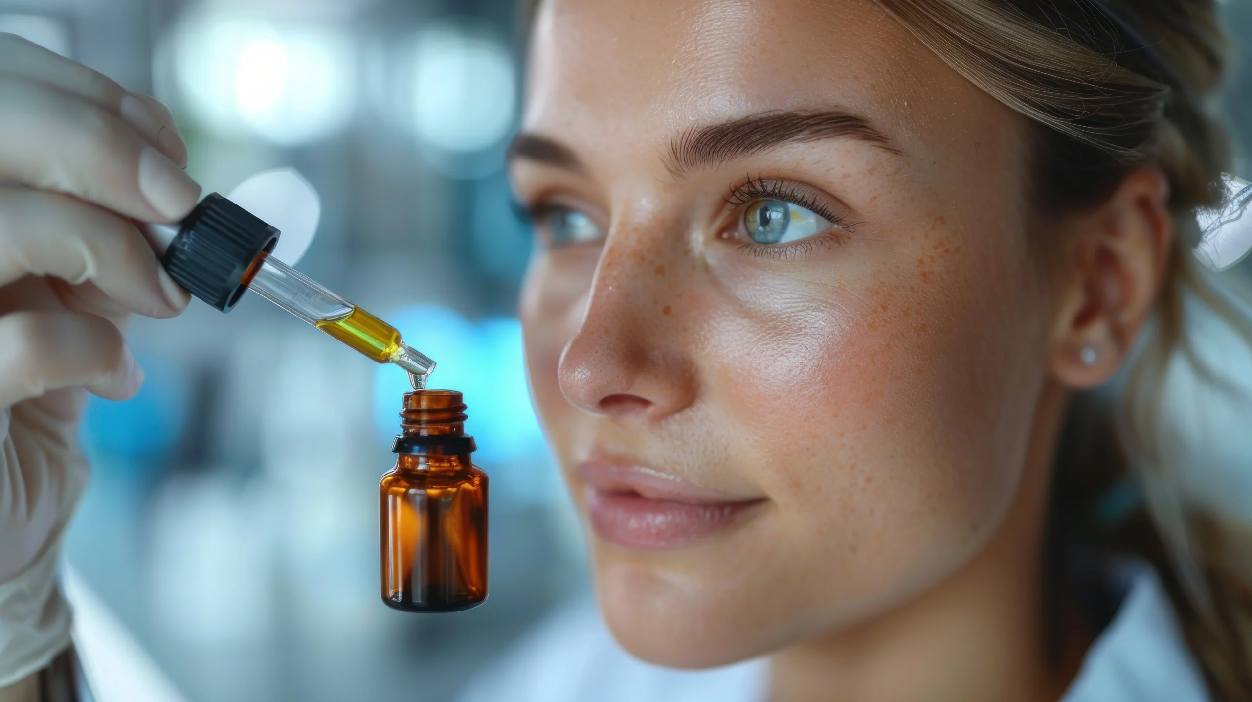 Hands holding a peptide facial treatment bottle.