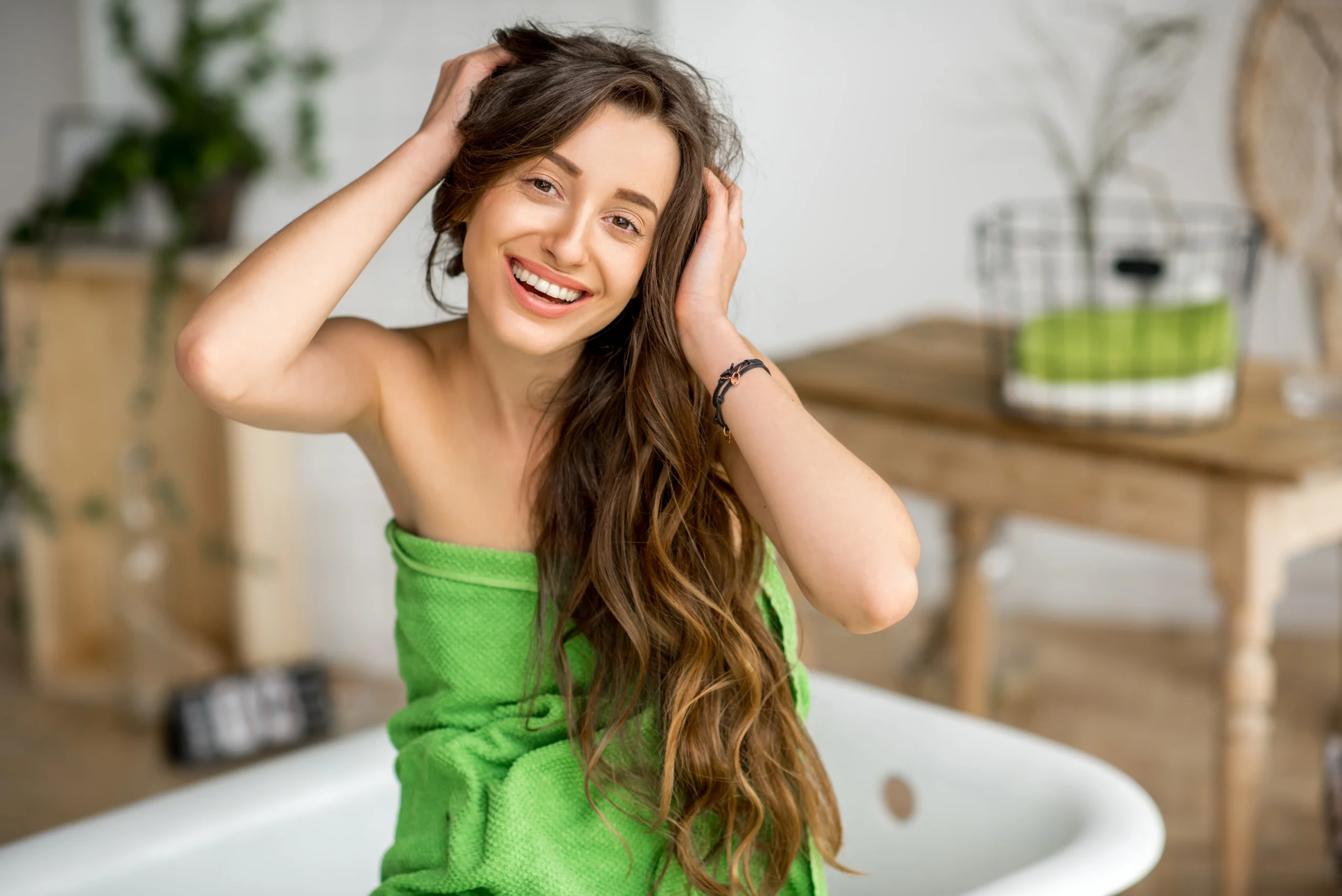 Woman with frizz-free wavy hair styled to perfection.