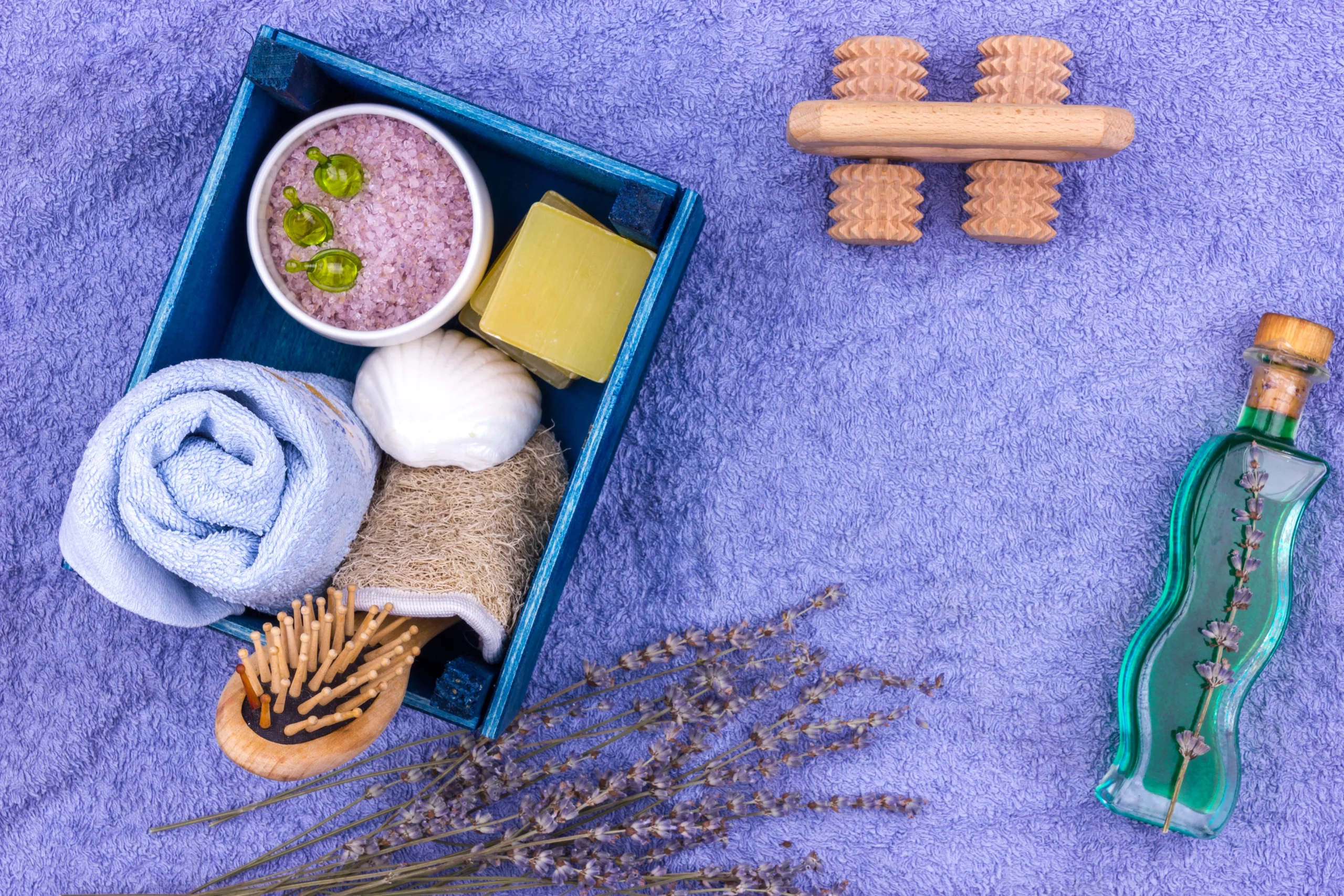 Organic essential oils with diffuser on a shelf