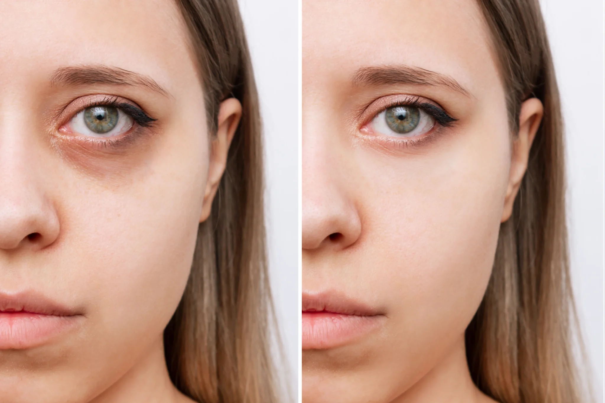 Before and after comparison showing how to cover a black eye with makeup effectively.