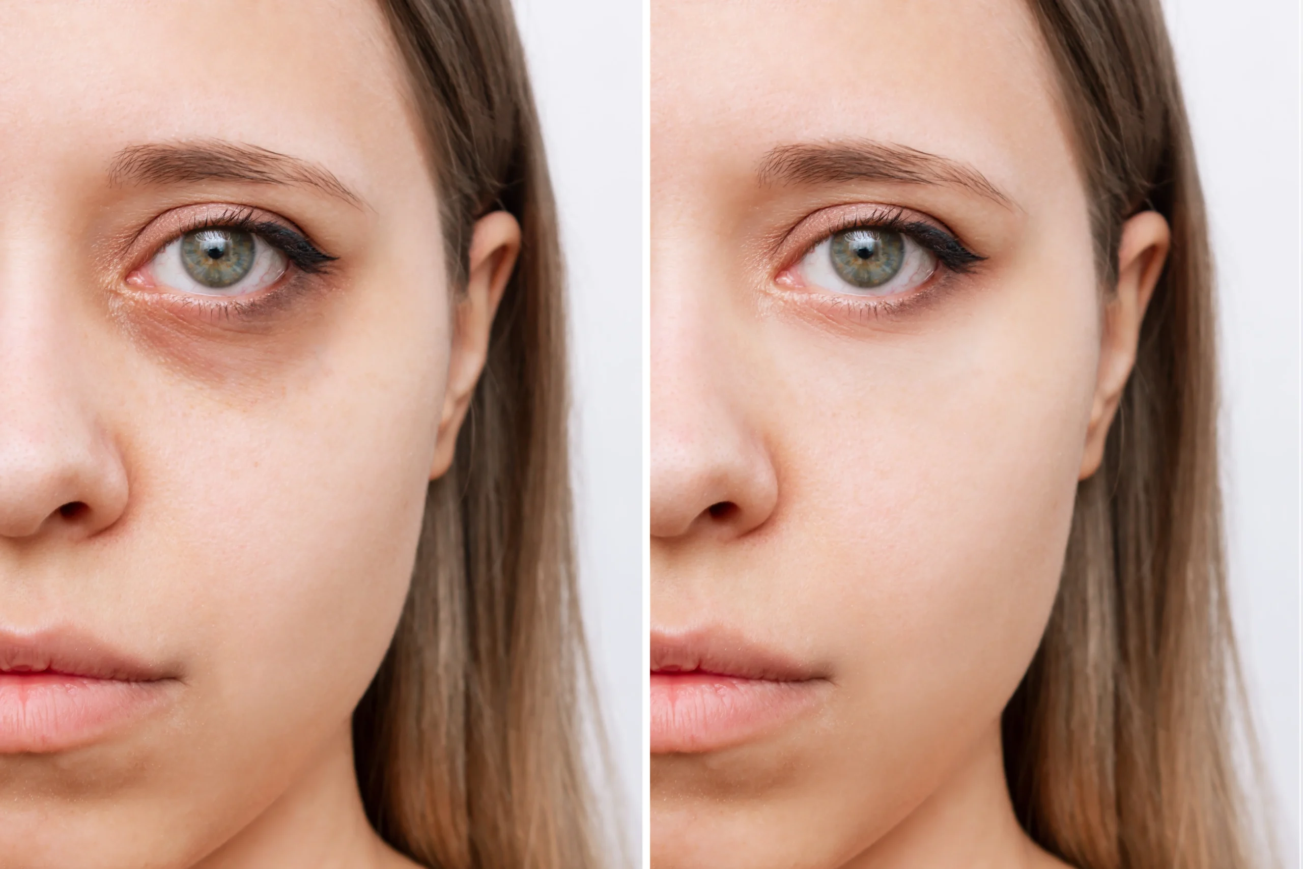 Before and after comparison showing how to cover a black eye with makeup effectively.