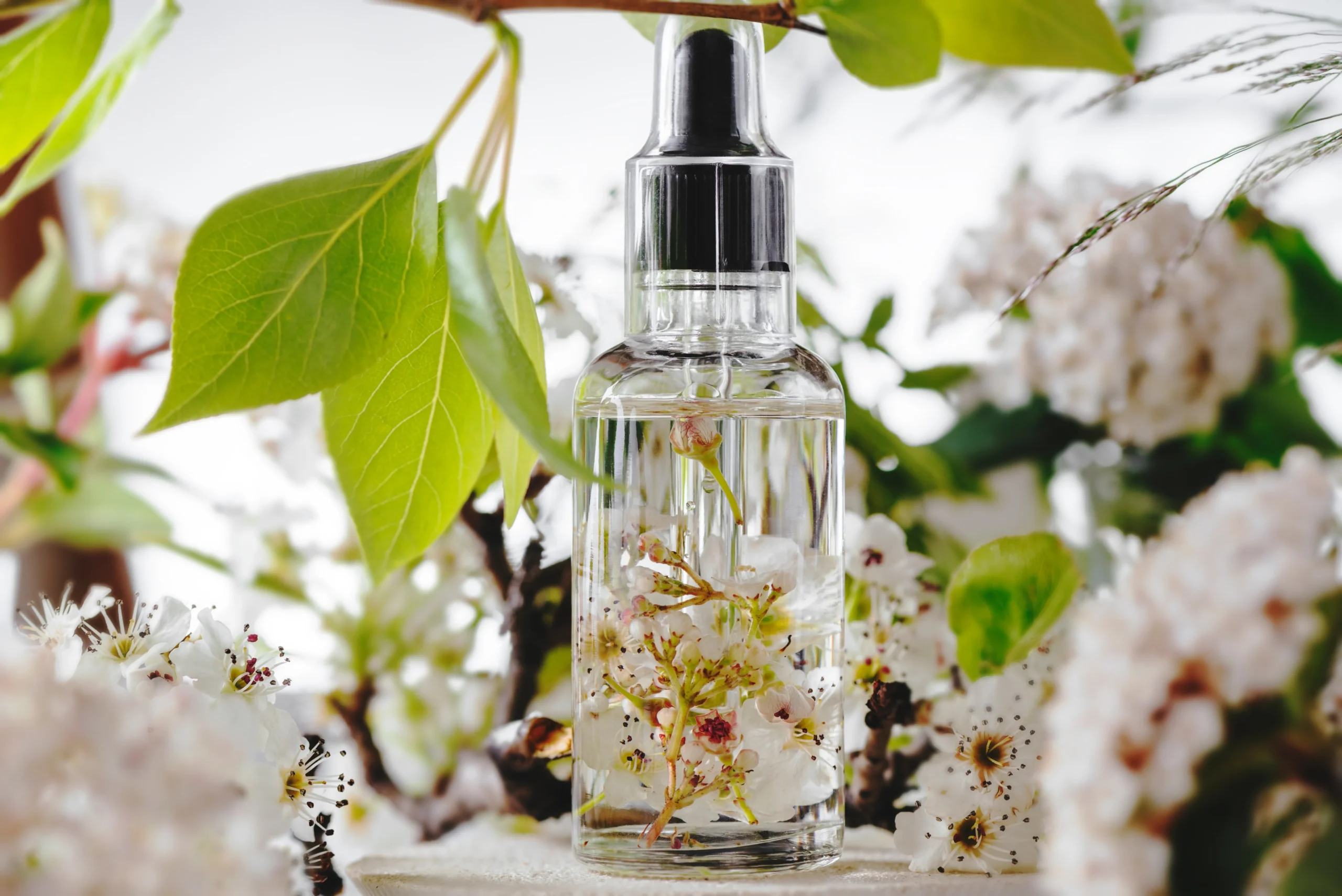 Close-up of a clear glass perfume bottle with floral background.