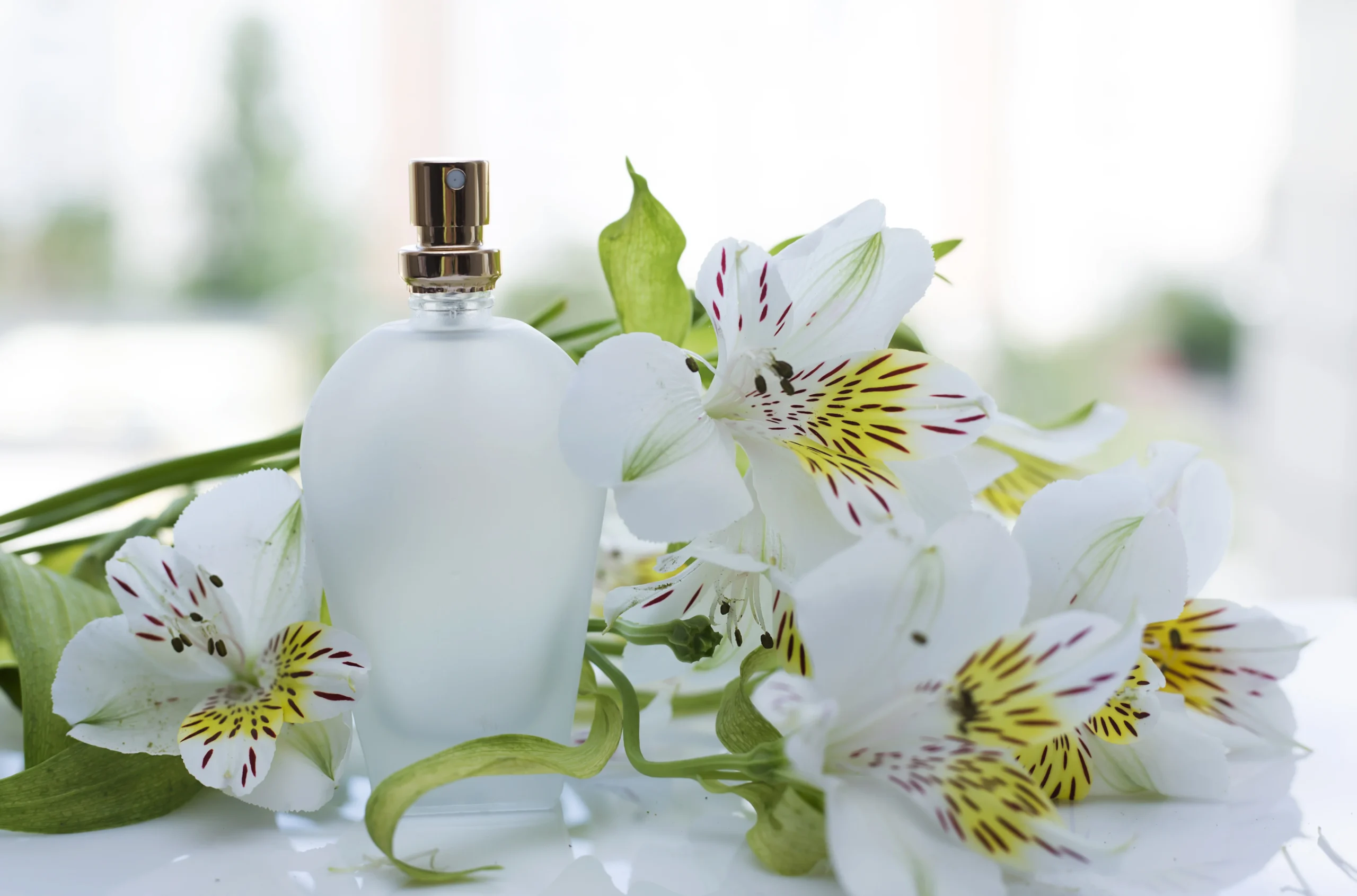 Elegant scent bottles arranged beside fresh flowers.