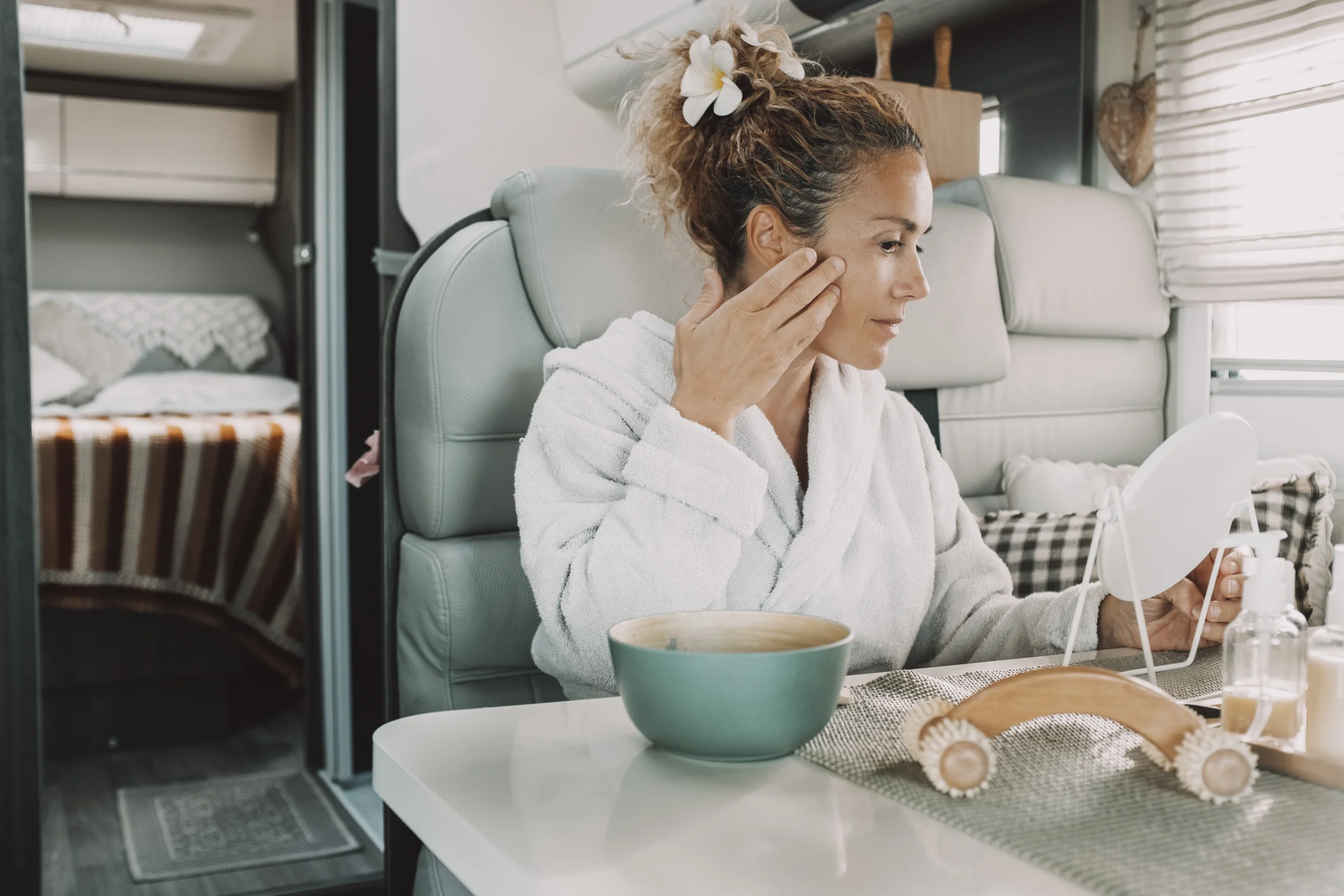 Natural morning face care routine with aloe gel, rose water, and eco-friendly skincare essentials.
